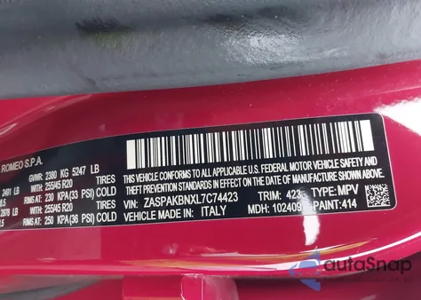 2020 Alfa Romeo Stelvio Ti Sport Awd z USA, uszkodzony, nr VIN ZASPAKBNXL7C74423